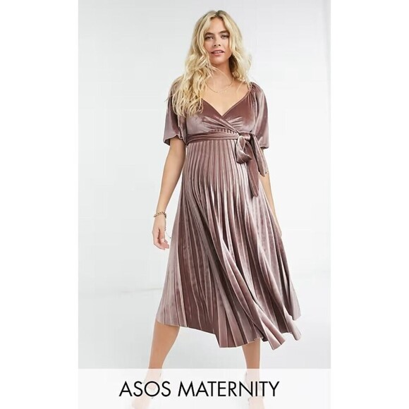 ASOS Maternity Dress Women 8 Velvet Pleat Midi Dusky Pink Holiday Fall Mauve - Picture 1 of 10
